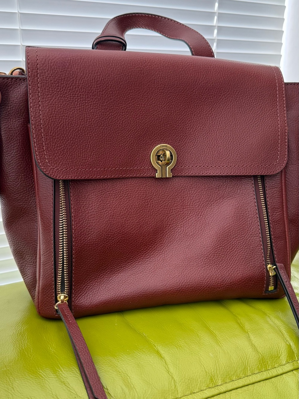 Vintage Fossil Burgundy Leather Satchel with Gold Hardware